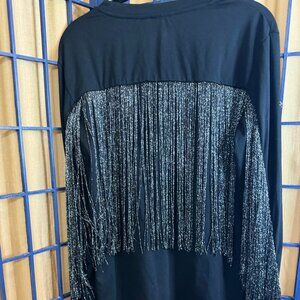 WDIRARA Women’s Medium Black Top, Silver Fringe Long Sleeve, Statement Shirt
